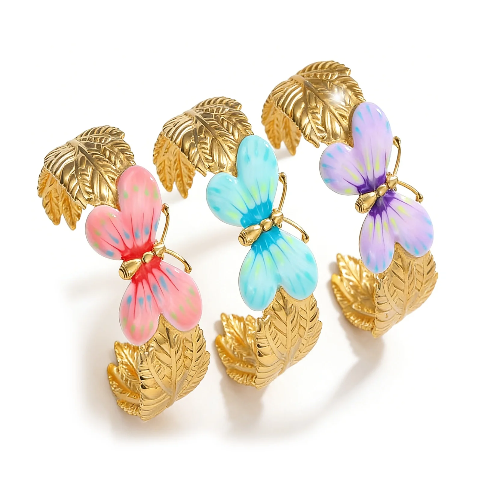 1pc Stainless Steel Open Cuff Bangles Bracelets 18K Gold Plated Butterfly Animal Multicolor Enamel Bangles For Women Jewelry