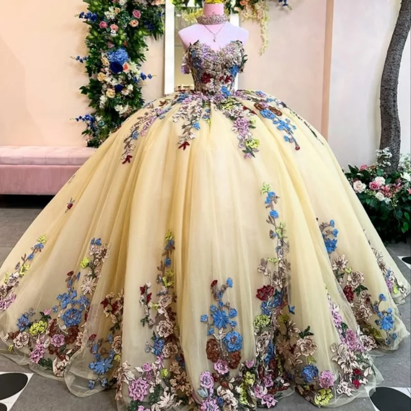 

Light Yellow Quinceanera Dresses Off the Shoulder Glitter Flower Decal Lace Long tail Vestidoe 15 Quinceanera Customize