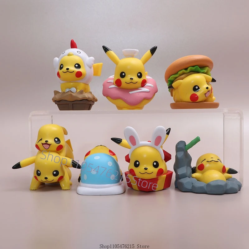 Set de Mini Figuras de Pikachu, 7 Estilos Kawaii con Atuendos de Donut, Hamburguesa y Conejito, Juguetes de PVC de Anime para Colección o Regalo