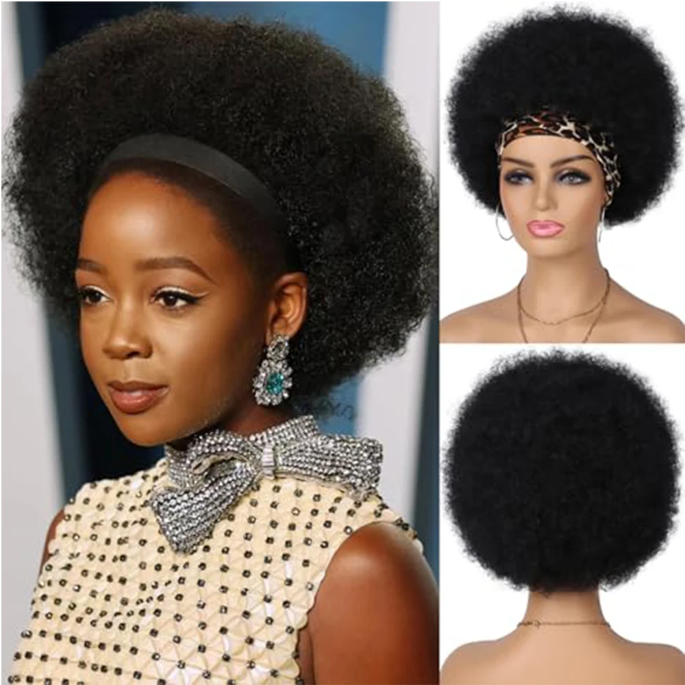 8（inch） Large Puff Synthetic Wig Afro Headband Hair Machine Made for Black Women Lady Girl Daily Party Dating Use (1B)