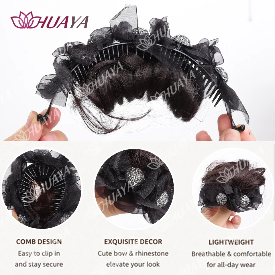 Synthetic Elegant Rhinestone bow Messy Hair bun claw Shaped clip Lightweight and Easy to wear Women's Daily Party Hair Bundle