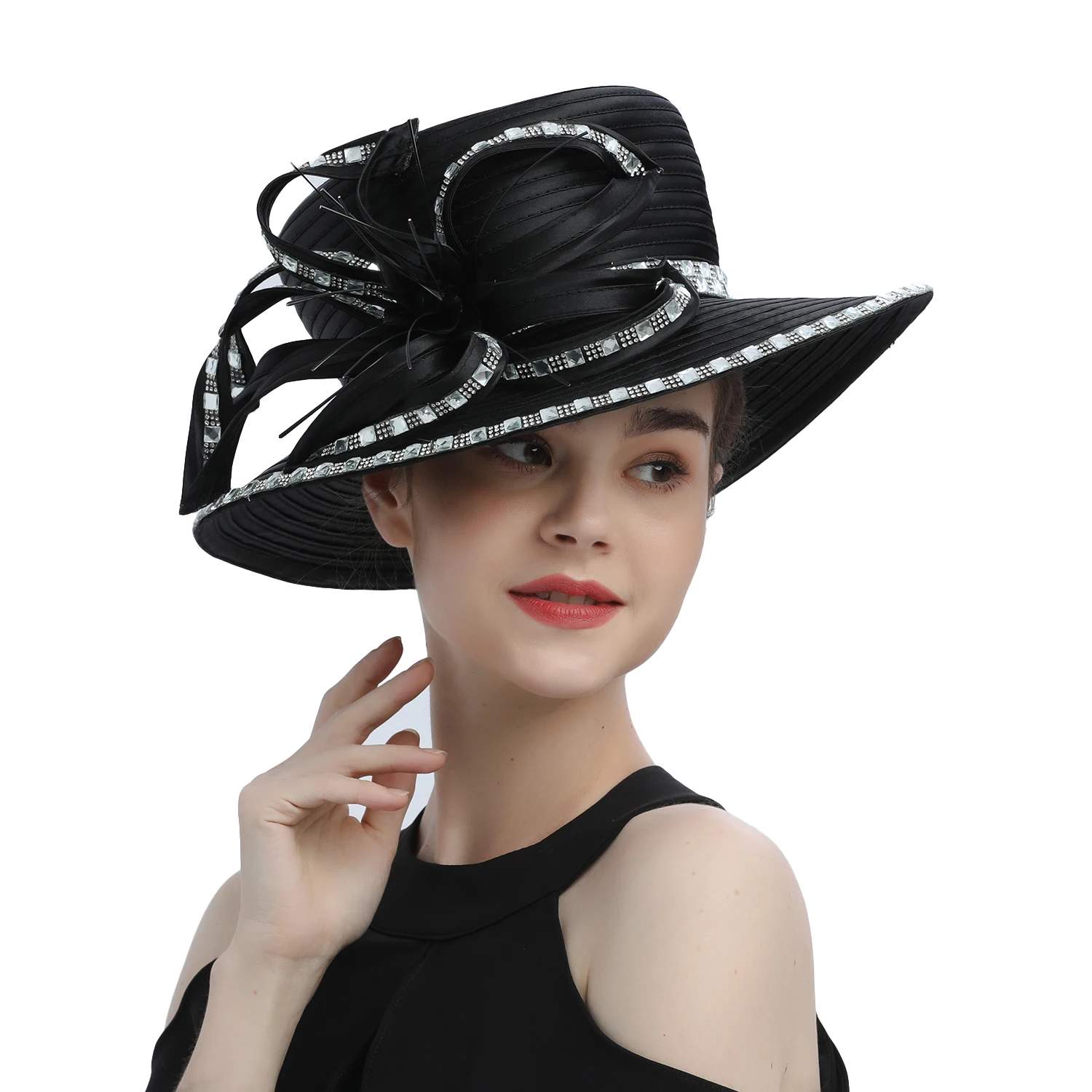 Premium Fancy Black Satin Cloth Church Hat Formal Photography Hats Chains Fashion Flower Wedding Top Hat for Women Ladies Girls