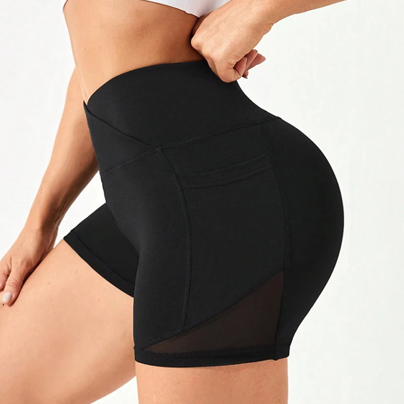 Mesh High Waist Yoga Shorts with Pockets Shorts for Women Tummy Control Workout Shorts for Women