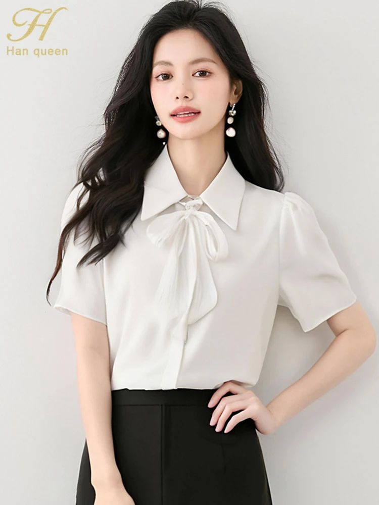 

H Han Queen 2025 Elegant Bow Summer Shirt SatinTops Loose Short Sleeve Chic Vintage Casual Blouses Fashion Korean Women Clothing