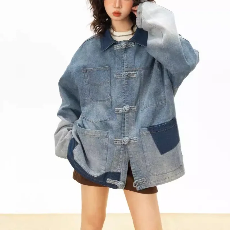 

Tinaa Japanese Style Washed Blue Denim Coat for Women 2025 New Vintage Streetwear Spliced Button Pockets Loose Jackets 194593