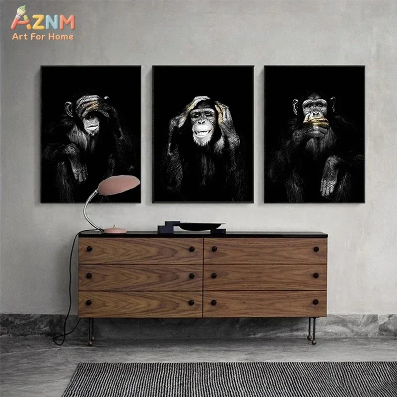AZNM Three Wise Chimpanzees Frameless Canvas Print, Black Background Monkey Animal Portrait Wall Art Poster