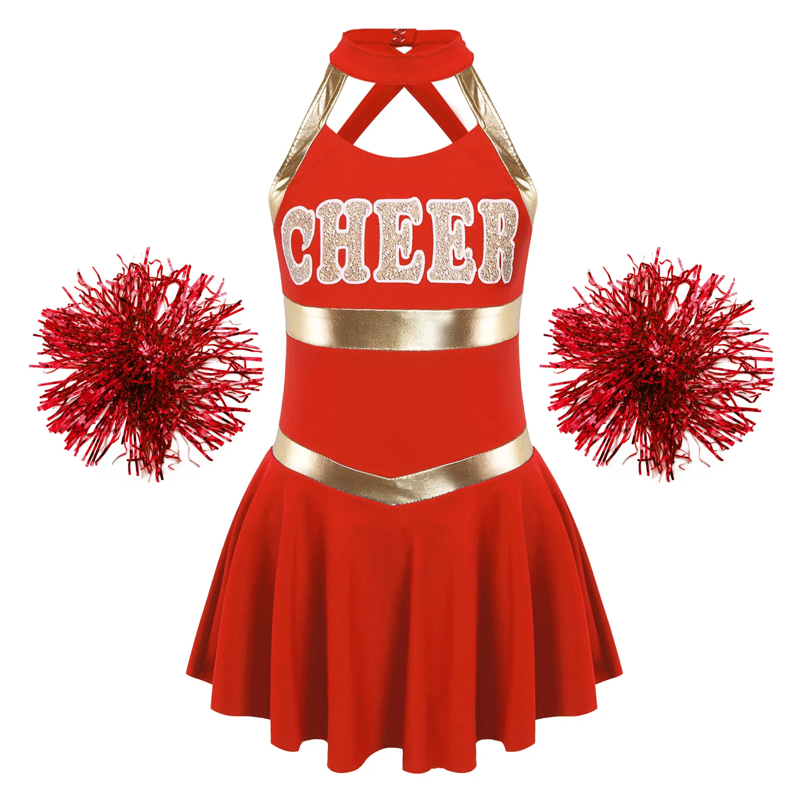 

Cheerleading Kids Dress Girls Dancewear Cheerleader Uniform Patchwork Style Crisscross Straps Fancy Carniva cheerful Dress