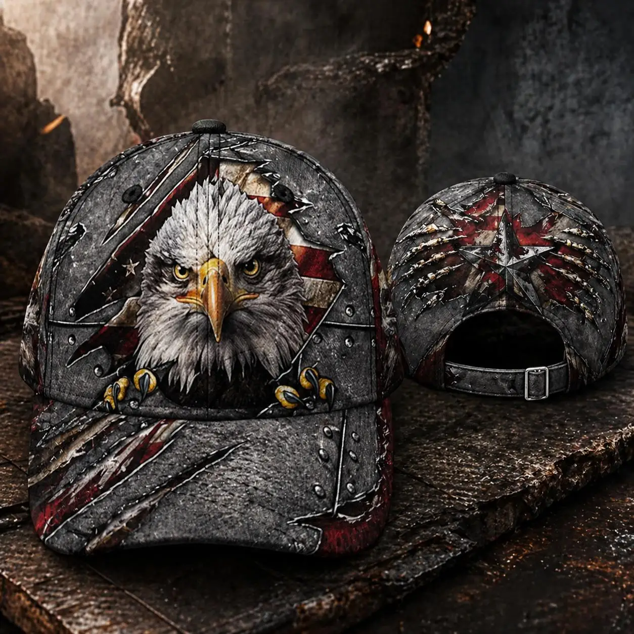 Custom Baseball Cap with Eagle-shaped Metal Star Emblem, Vintage-style Pattern, Adjustable, Suitable for Hiking, Lakeside Trails