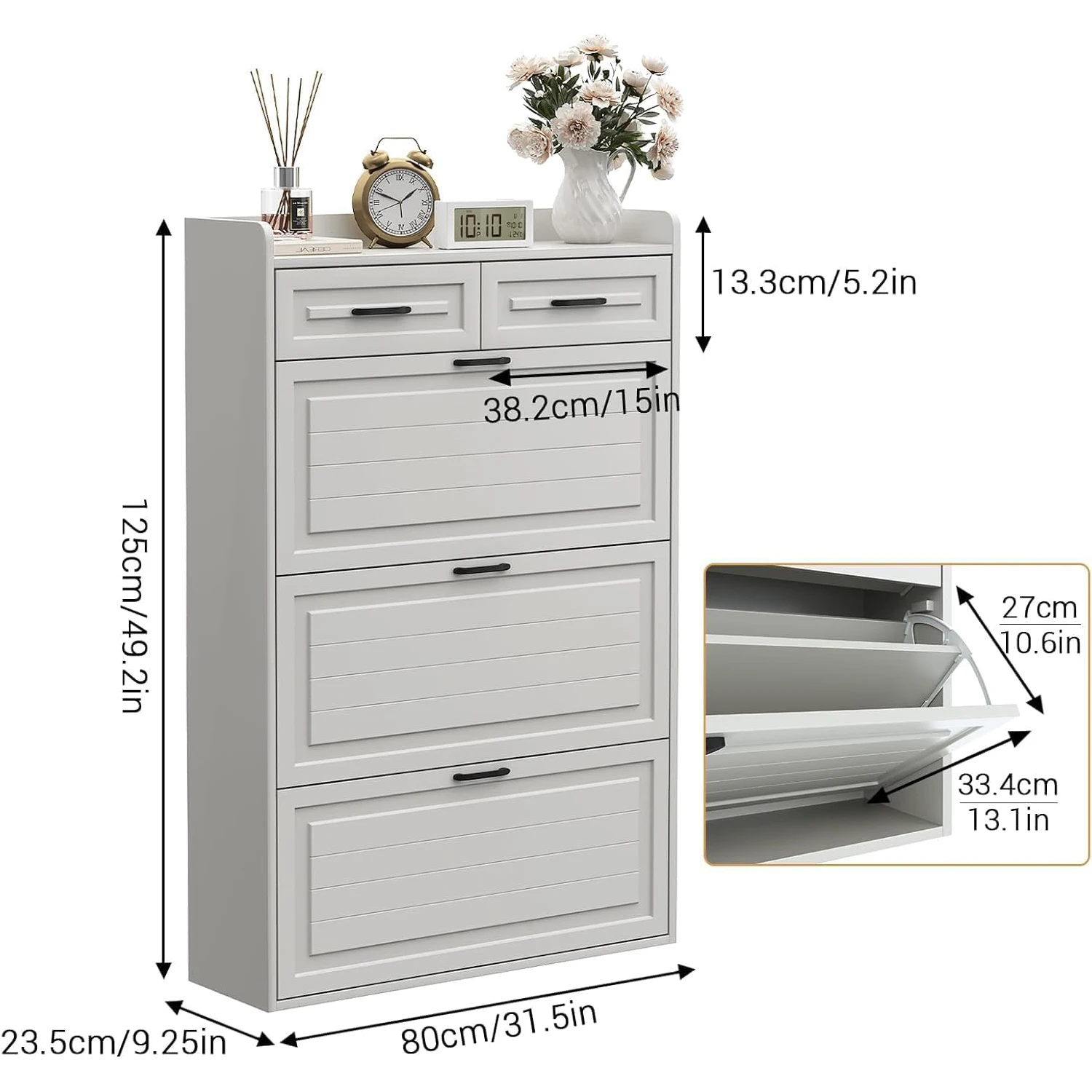 White Hidden Wood Shoe Storage Cabinet with 3 Flip Drawers for Entryway Narrow Shoe Rack Freestanding Shoes Organizer Cabinet