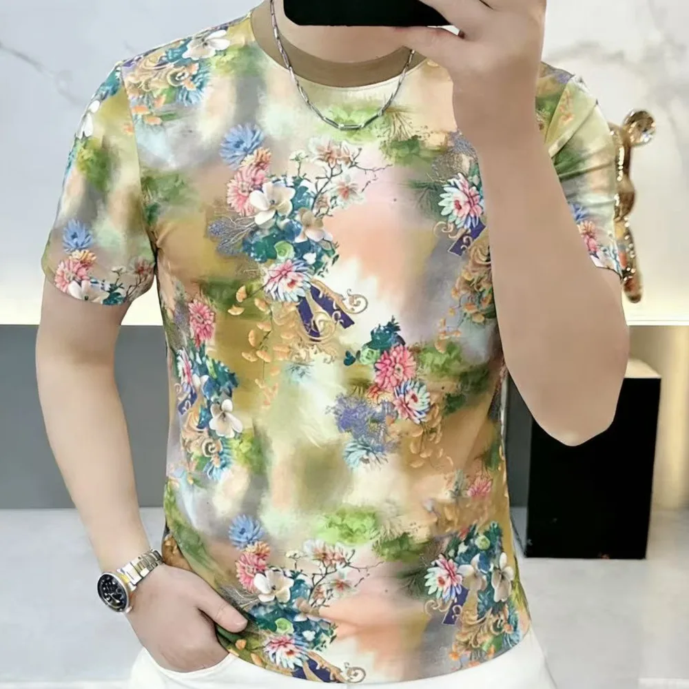 European Men's Round Neck Geometry Flower Print Funny T Shirts Men 2026 Summer Short Sleeve T-shirt Street Wear Tee Shirt Homme