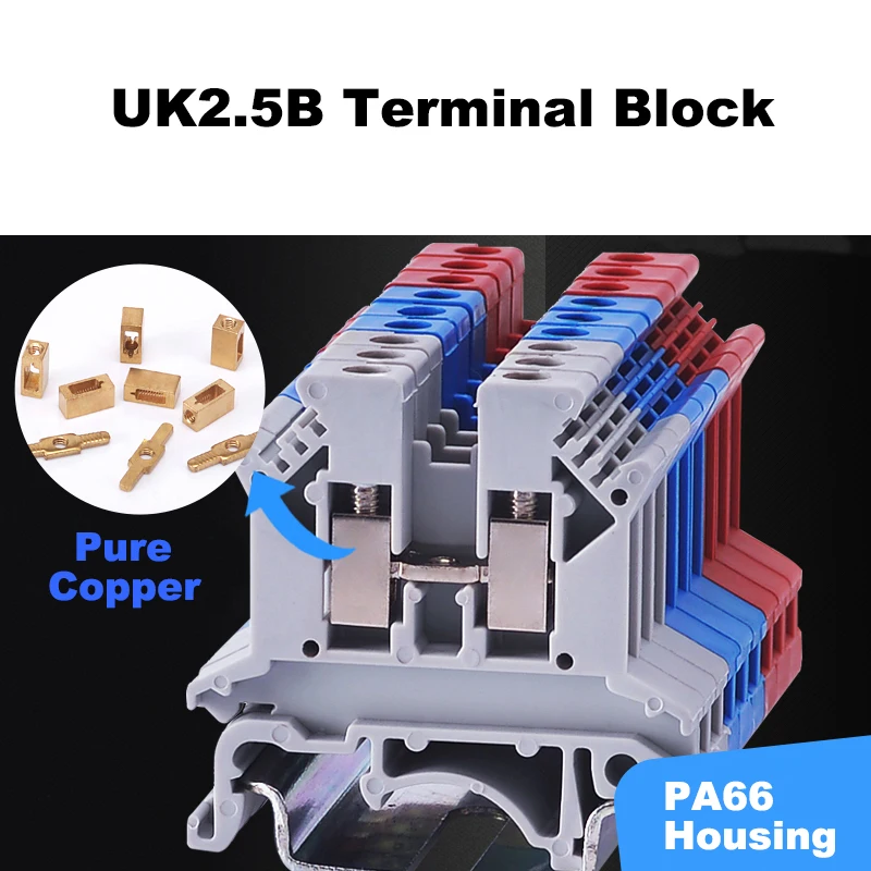 

50Pcs Din Rail Universal Terminal Block UK2.5B Screw Type Wire Cable Electrical Connector Pure Copper Morsettiera 32A 2.5mm²