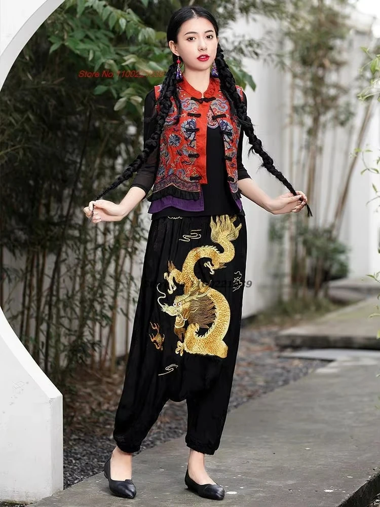2025 التنين الصيني التطريز الساتان الجاكار البنطلونات السراويل التقليدية العرقية خمر harajuku سراويلي حريمي الرجعية السراويل الفضفاضة #4