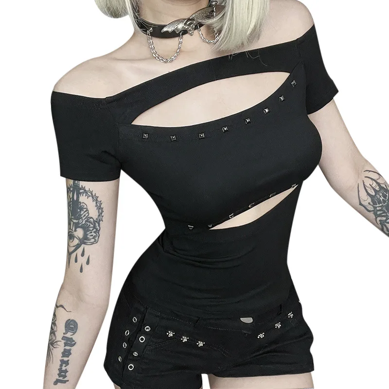 

2025 New Vintage Dark Gothic Hollow Out Short Sleeve Skinny T-shirts Women's Streetwear Punk Grunge Rivet Slash Neck Basic Tops