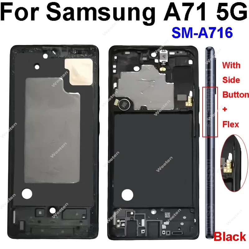 For Samsung Galaxy A71 5G SM-A716 Middle Frame Holder Housing with side button + flex cable Phone Mid Frame Replace Repair Parts
