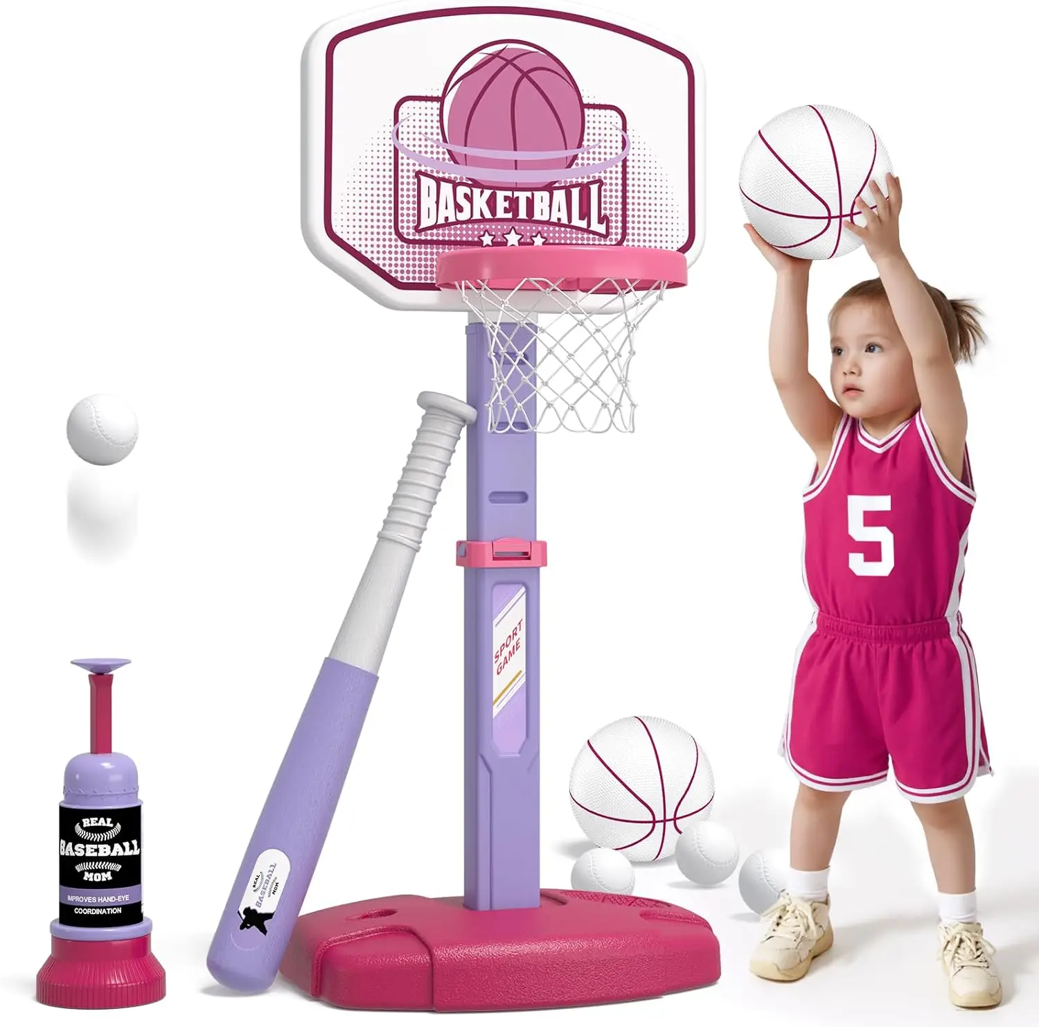 

2-in-1 Adjustable Basketball Hoop and T-Ball Set with Auto Pitching Machine, Indoor/Outdoor Sports Toy for Kids Ages 3-8, Pink