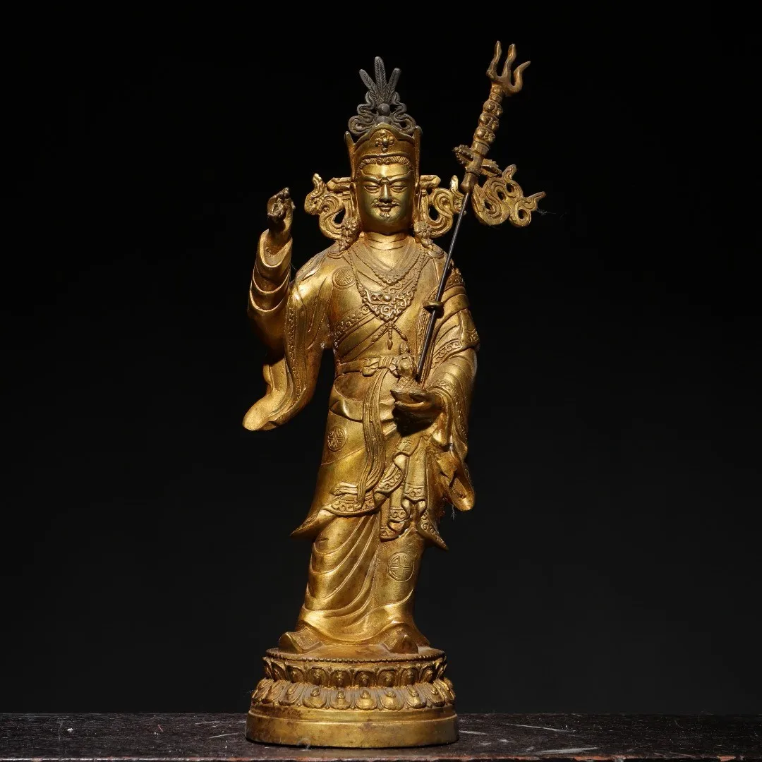 Nepalese Gilt Copper Padmasambhava Statue - Tibetan Tantric Guru Rinpoche Buddha Figurine, Feng Shui Altar Decor