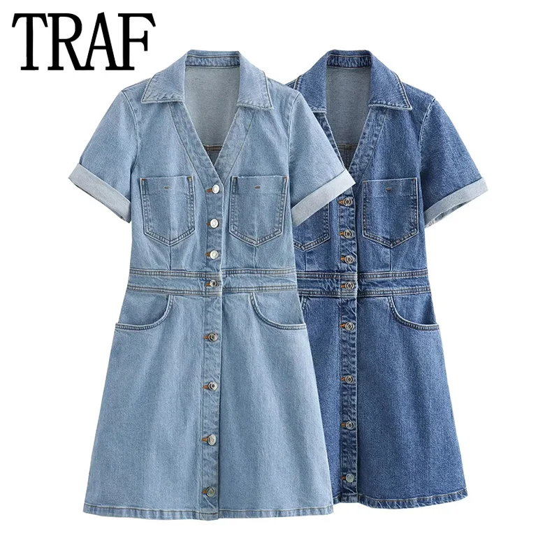 TRAF Blue Denim Dress Woman Faded Jean Mini Shirt Dress Women Short Sleeve Summer Dresses 2024 Young Girls Casual Short Dresses