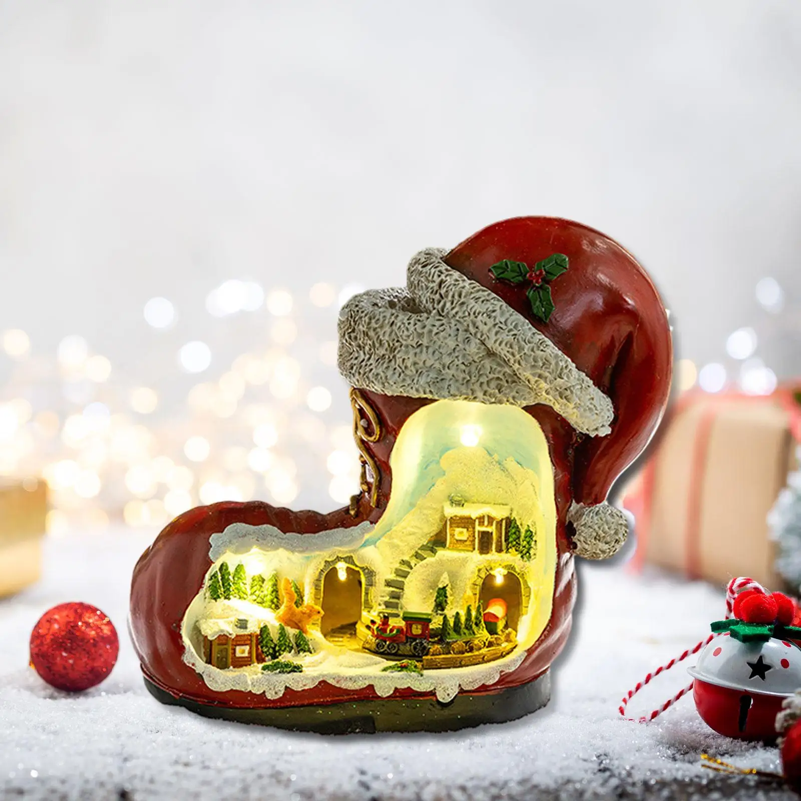 Christmas Music Box for Kids Adults Creative Collectible Seasonal Tabletop Electric Rotating Train with Lights Red Boot Figurine