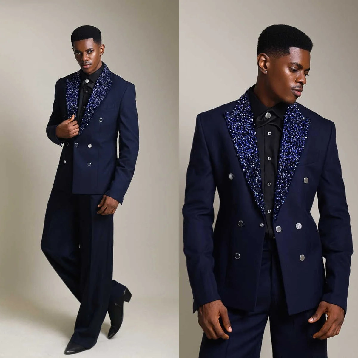 

Luxury 2 Pieces Men Suits Peaked Lapel Double Breasted Jacket Blazers Crystal Beadeds Classic Fit Evening Party Outfits