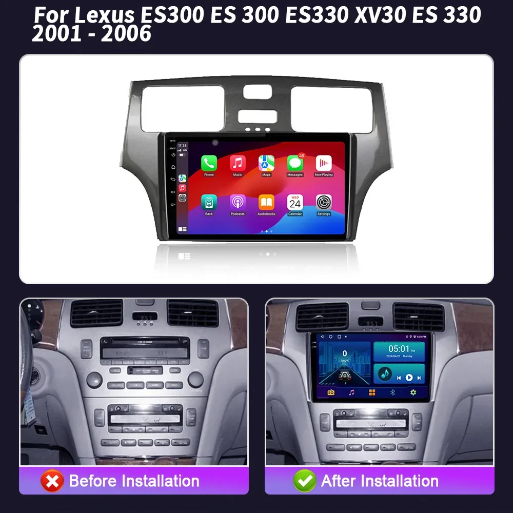 Wireless BT Carplay Stereo Screen Car Radio Android 14 Multimedia Navigation For Lexus ES300 ES 300 ES330 XV30 ES 330 2001-2006