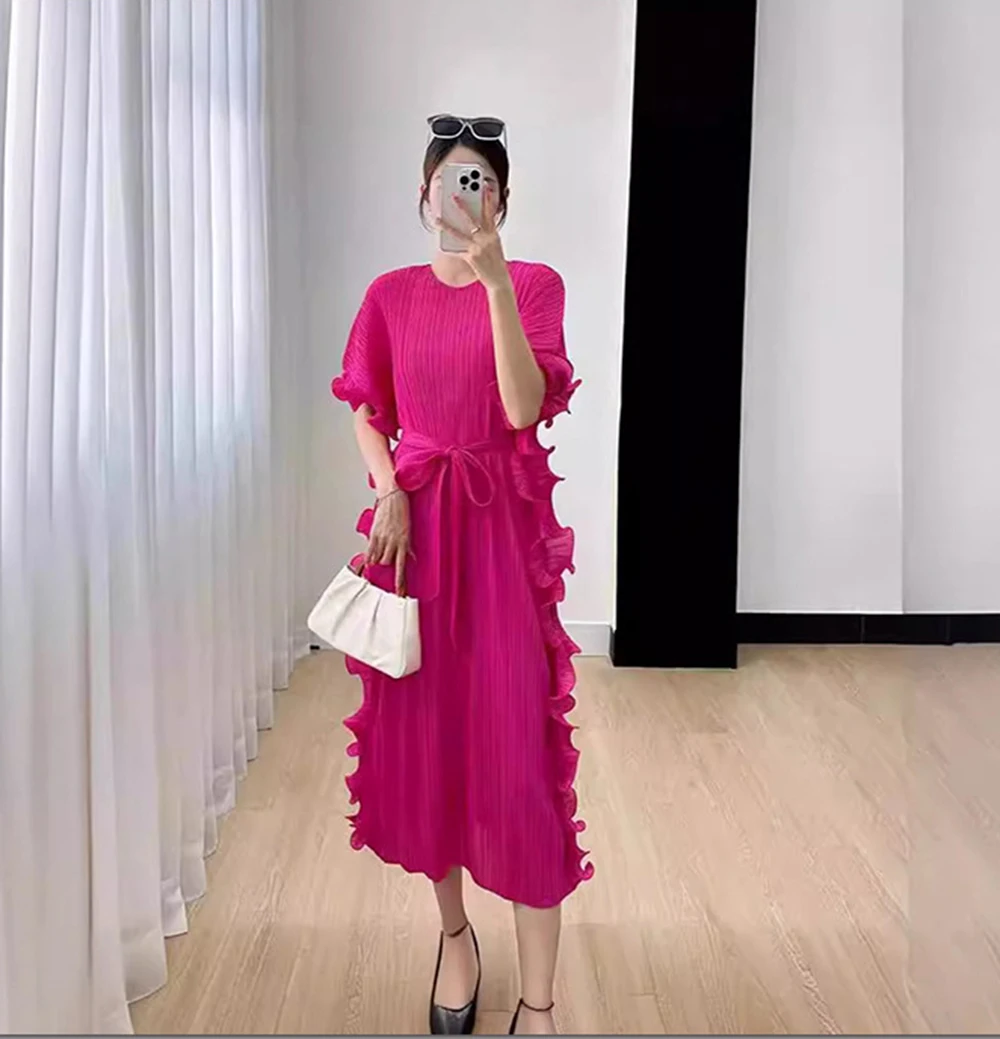 

Plus size short-sleeved dress with fashionable pleated edges, high-end and elegant casual women's clothing-GZXX1042