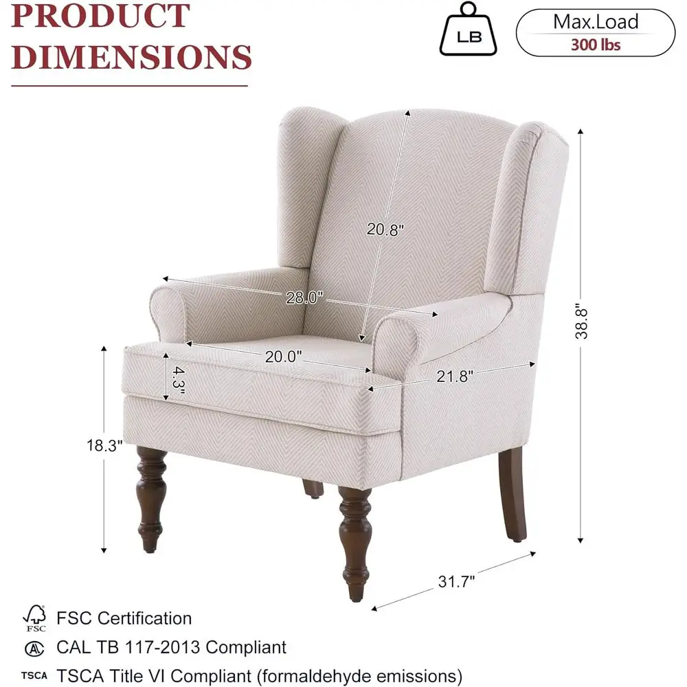 Linen-Covered High-Back Wingback Chair for Comfortable Reading, Living or Bedroom Use, Supports 300lbs (Tan with Lines)