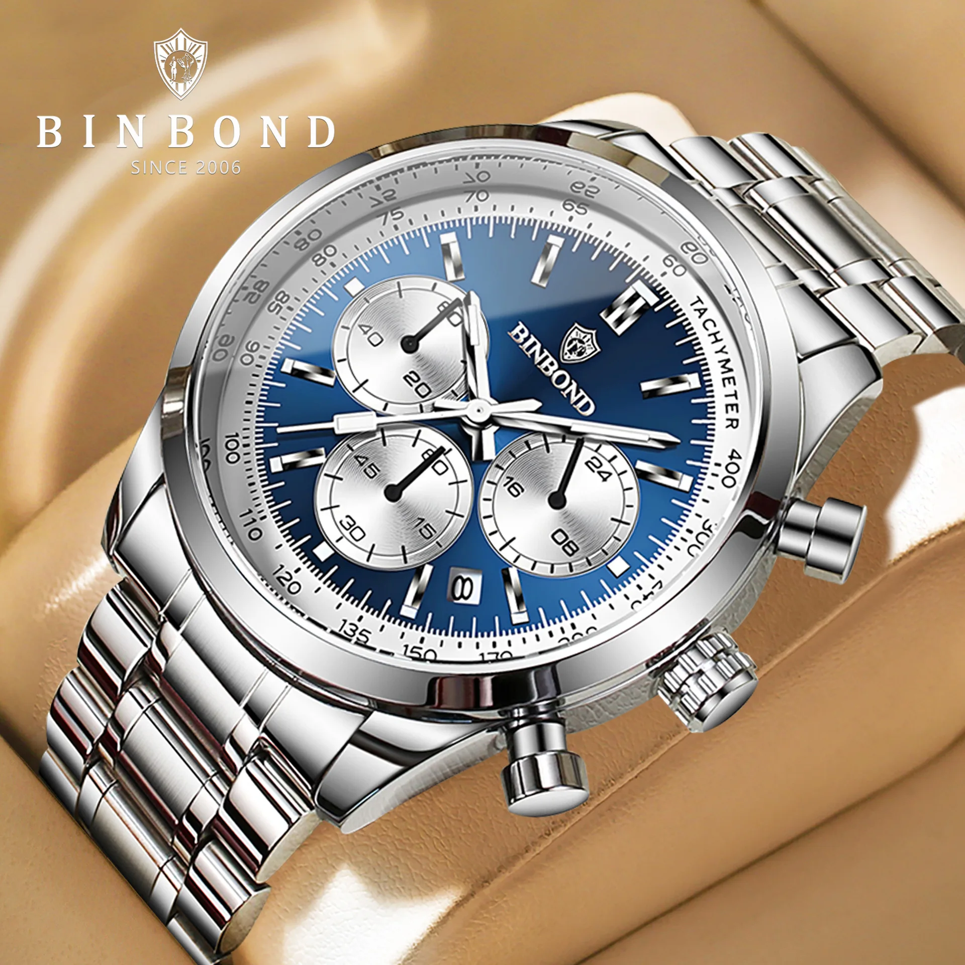 

BINBOND модные роскошные мужские часы с тремя глазами и шестью иглами, водонепроницаемые многофункциональные кварцевые часы, деловые мужские часы