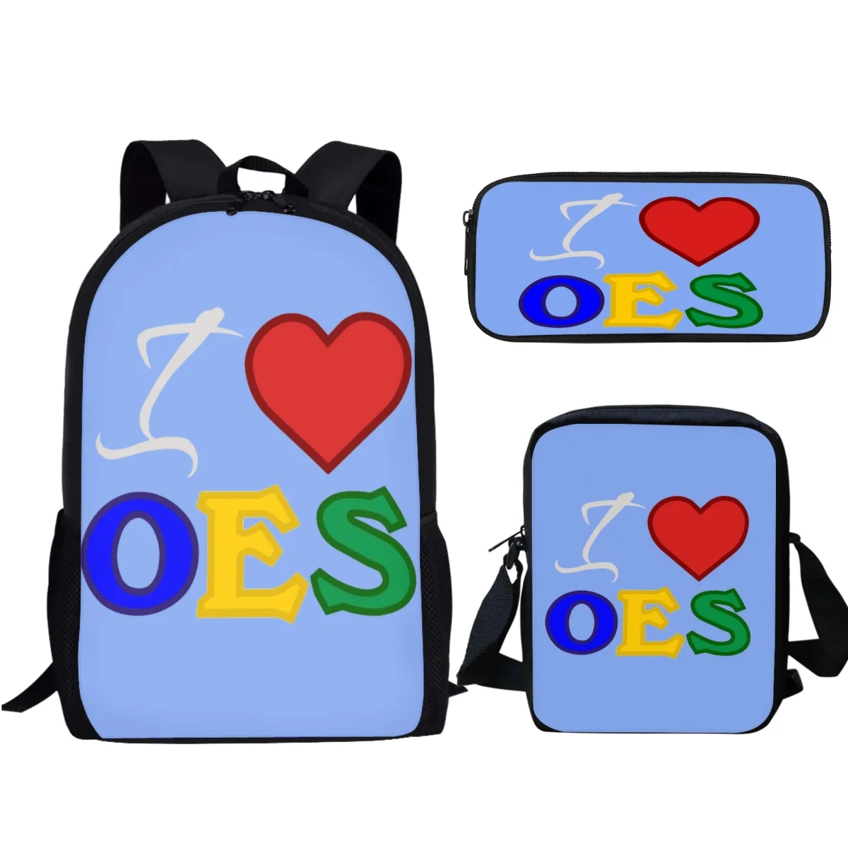 I Love OES Sistars Order Of Eastern School Bags, Juego de 3 piezas, mochila informal para estudiantes universitarios de jardín de infantes, bolsa de mensajero, estuche para lápices