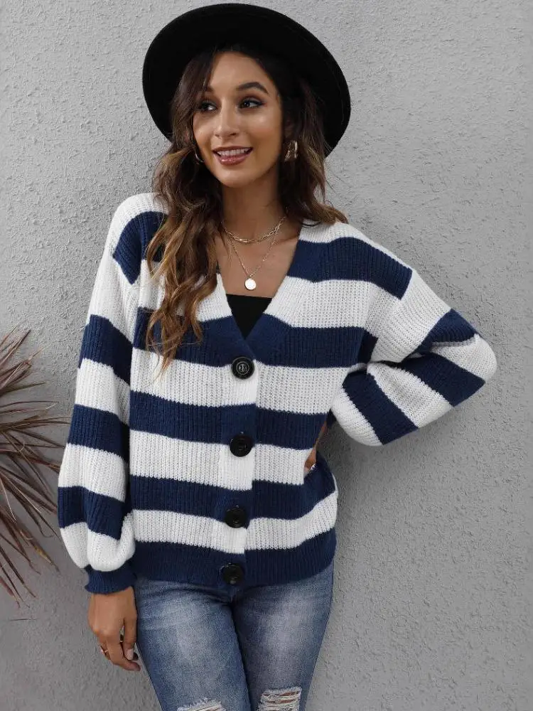 

Autumn Winter V Neck Elegant Long Sleeved Knitted Tops Women Stripes Single Breasted Festival Short Cardigans Sweater Streetwear