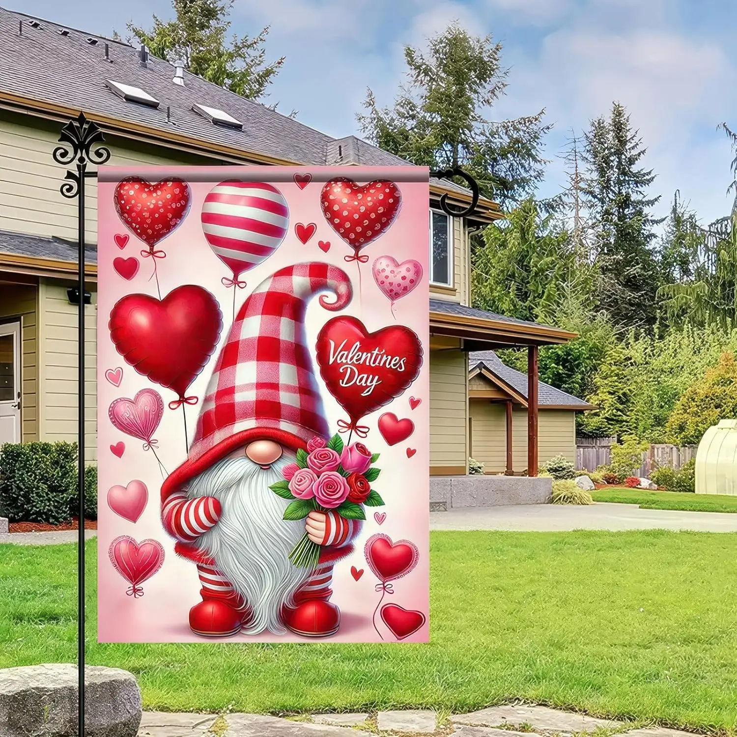 BlissYard Valentine’s Day Gnome Heart Garden Flag 12x18 Inch Double Sided Cute Gnome with Roses Design Small Outdoor Yard Fl jjp