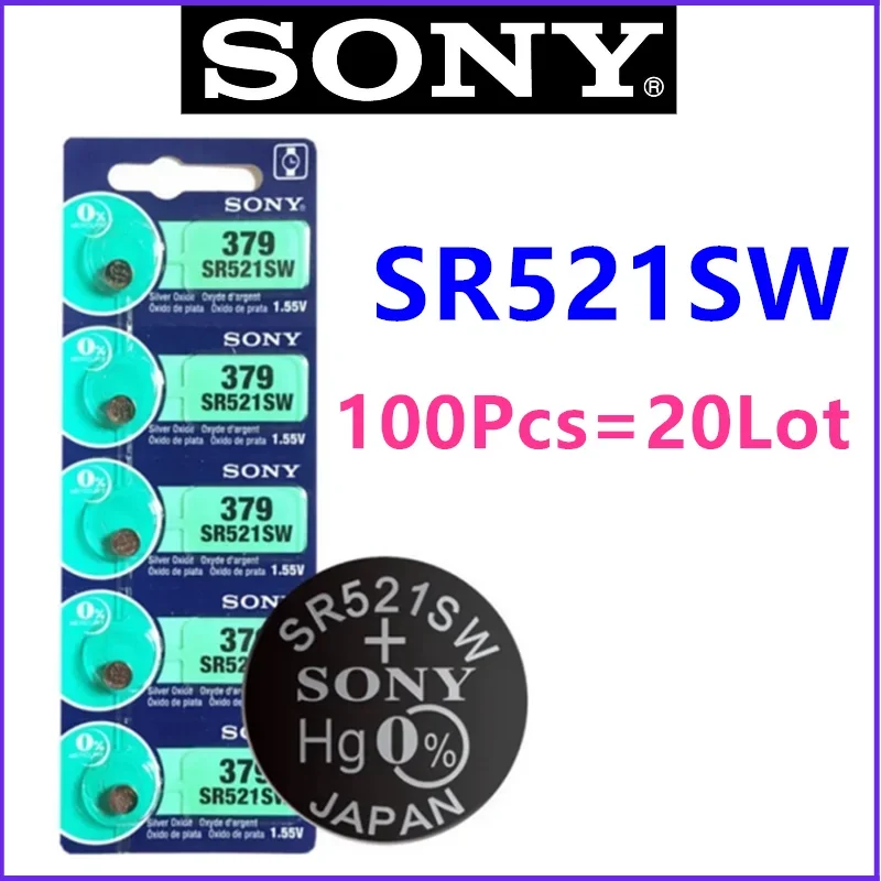 100 Original SONY LR521 AG0 Button Batteries SR521SW 379A 379 179 D379 SR63 1.5V Alkaline Coin Cell Silver Oxide Watch Battery