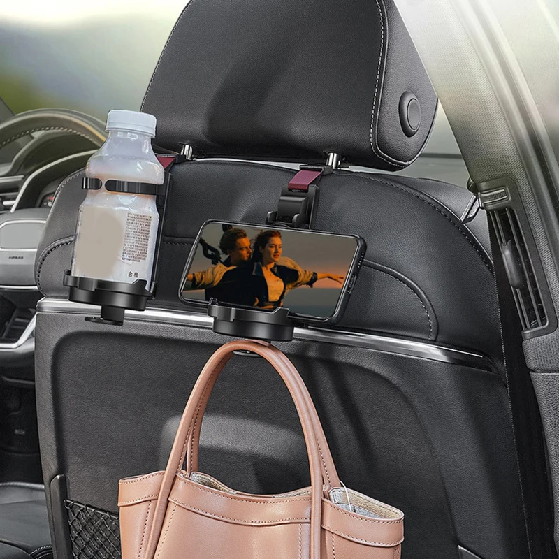 3-In-1 Car Seat Back Universal Hook Car Multi-Function Hook Storage Rack Cup Holder Women\'s Handbag Hanging Storage Fixed Hook