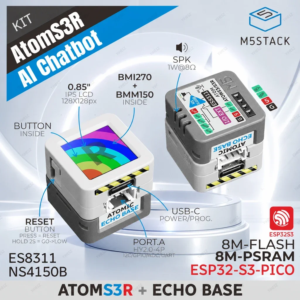 M5Stack AtomS3R AI Chatbot ESP32-S3 Voice Assistant Kit 8MB Flash 8MB PSRAM WiFi Microphone Speaker OpenAI XiaoZhi Arduino