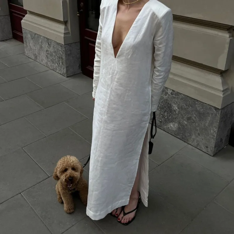 Elegancka francuska bawełniana luźna długa sukienka damska codzienna moda biała długa rękaw dekolt w serek rozcięcie wakacje sukienka boho streetwear