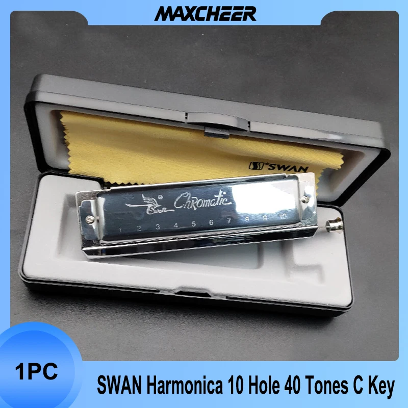 

Swan SW1040 Silver Color 10 Holes 40 Tones Chromatic Harmonica Changeable Tones Musical Instrument Woodwind Swan Harmonica Harp