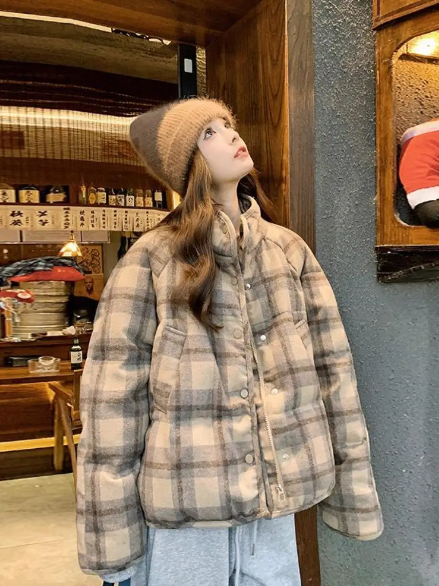2026-winter-women's-plaid-ort-thiened-down-cotton-jaet-warm-clothing-two-piece-set-retro-sle-coat-and-hat-ensemble