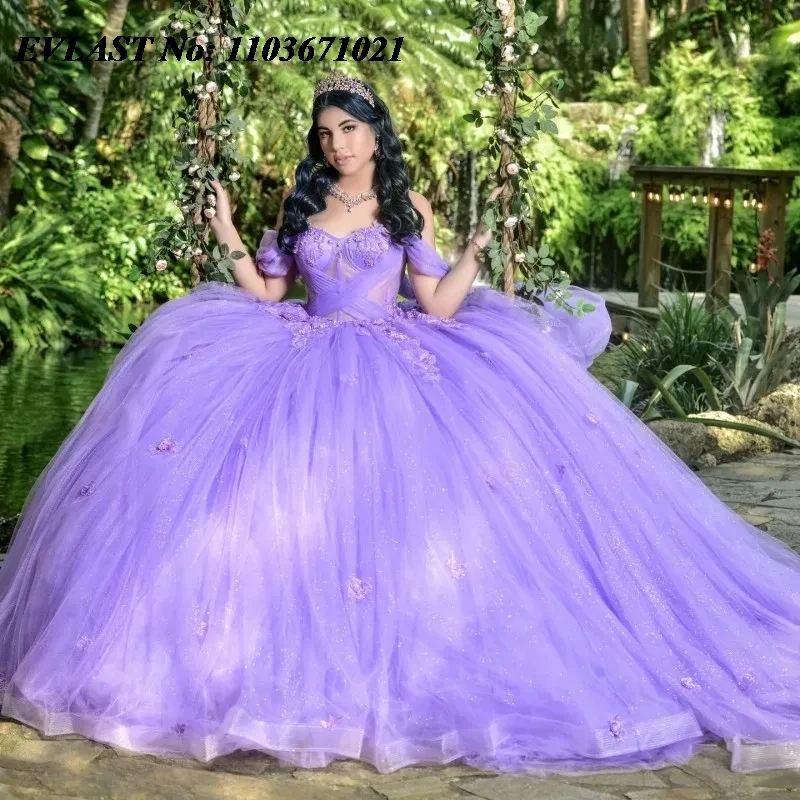 فستان Quinceanera أرجواني مخصص من EVLAST فستان حفلة مزين بالزهور مشد مكسيكي حلو 16 فيستدوس دي 15 أنوس SQ565