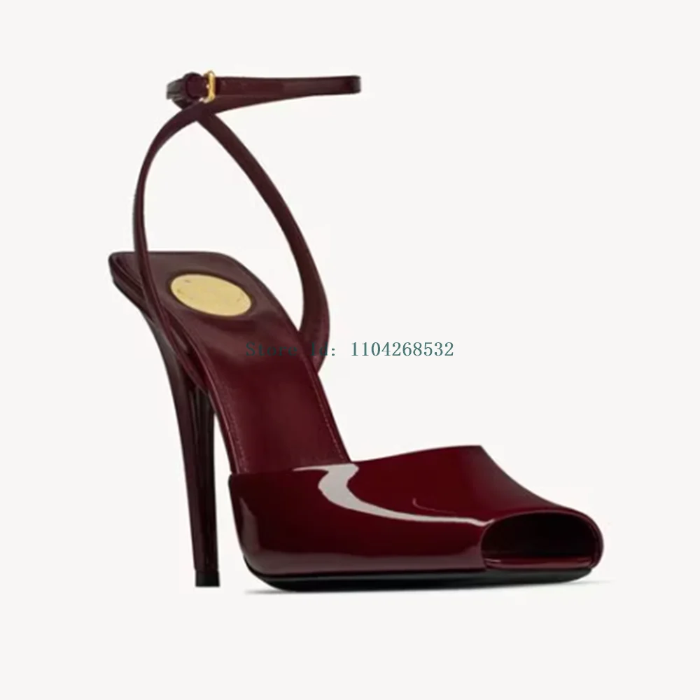 Burgundy Slingback Buckle Strap Shoes Paten Leather Sexy Pointed Toe Stlietto New Arrivals Fashion Women Sandals Open Toe