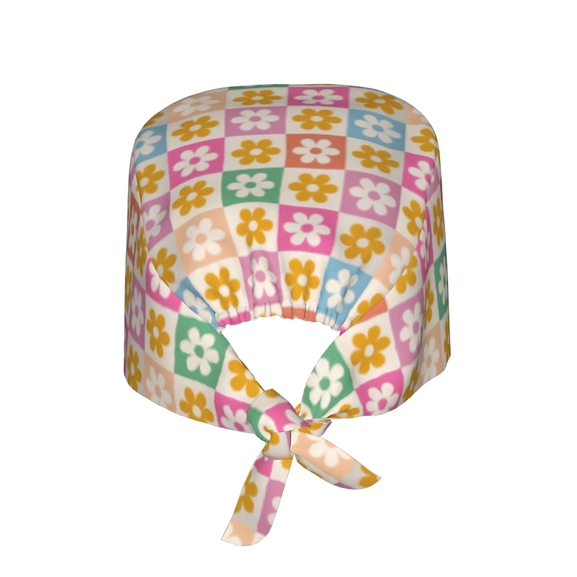Daisies Checkerboard Floral Scrubs Cap Surgical Hats Women Men  Operating Room Cap Operator Hats Lab Works Hat