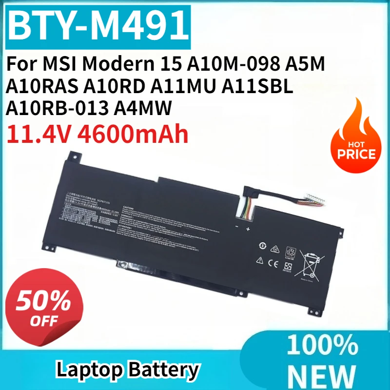 

New Laptop Battery BTY-M491 11.4V 4600mAh Replaceable for MSI Modern 15 A10M-098 A5M A10RAS A10RD A11MU A11SBL A10RB-013 A4MW