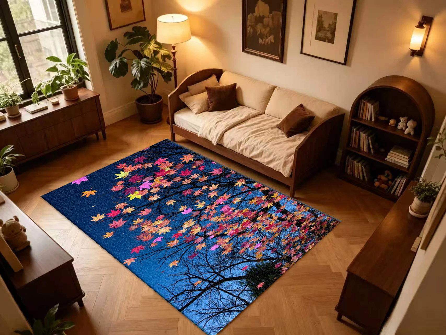 Colorful Autumn Maple Leaf Carpet Flooring, Fall Season Non-Slip Area Rug for Living Room Bedroom Home Floor Mat