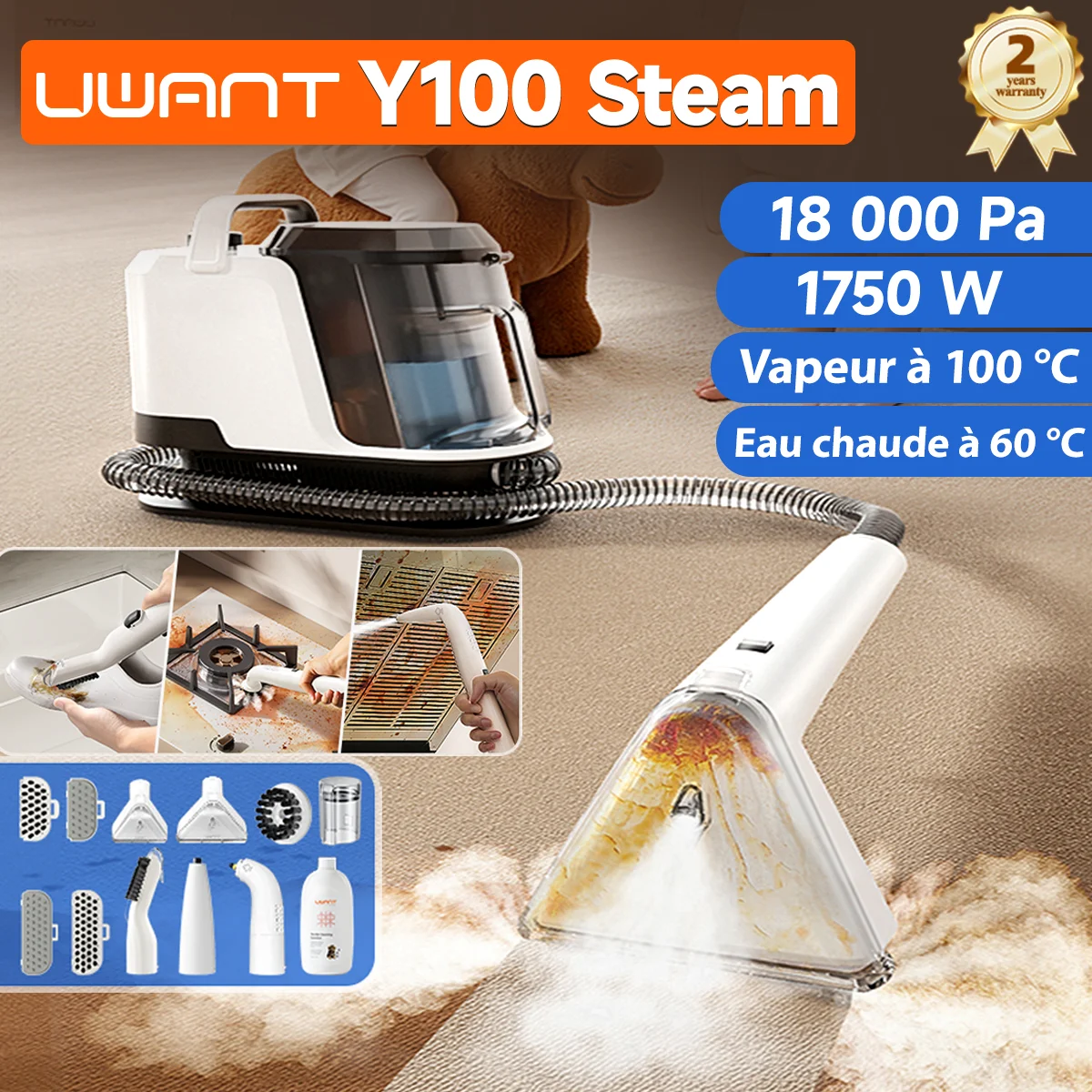Nettoyeur de tapis à vapeur Uwant Y100 100 ° C Steam 18KPa 1750W brosse de pulvérisation aspiration auto-nettoyante plusieurs buses pour canapé voiture chaussure animal de compagnie