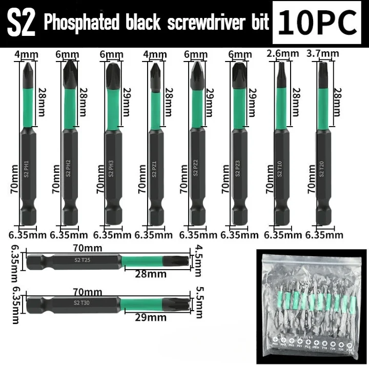 10pcs PZ2 Magnetic Driver Bit Heavy Duty Long Pozidriv Screwdriver Bits 1/4 Inch 6.35mm Hex Shank Screw Driver 70mm