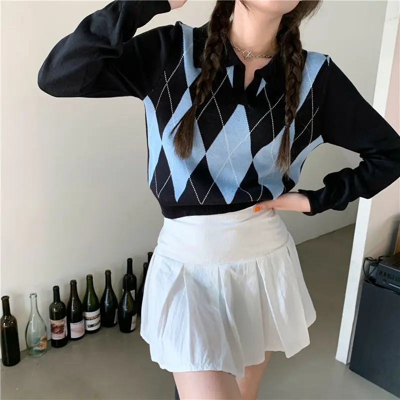 

Autumn Winter Women Sweater Korean Fashion Lazy Wind Polo Collar Lingge Contrast Color Loose Long Sleeve Pullovers Knitted Tops