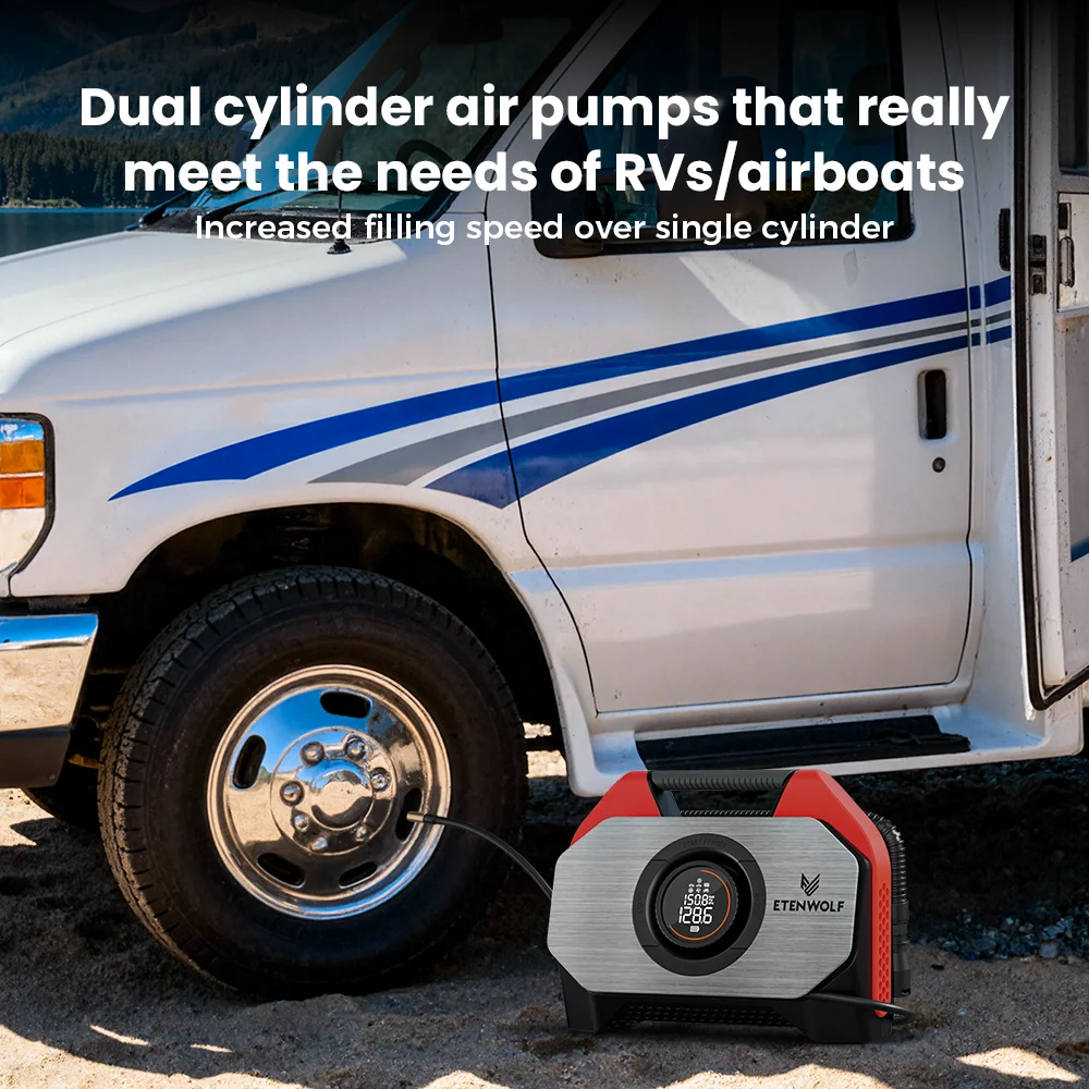 New ETENWOLF S6SE Portable Air Compressor 100% Duty Cycle & Dual Cylinder 19200 mAh Car Tire Inflator Bicycle pump Air pump