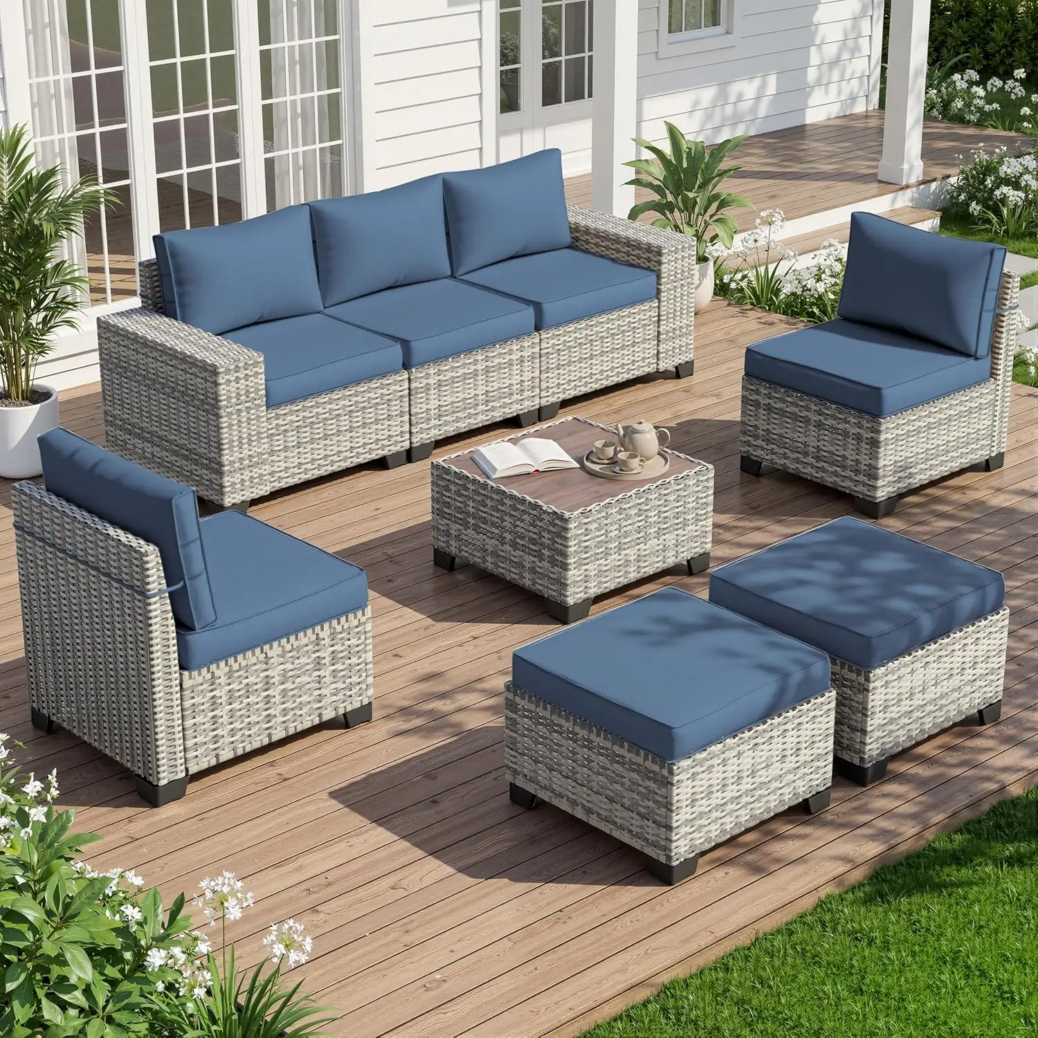 

8-Piece Wicker Rattan Sectional Sofa Set Ottoman Thickened Cushions Coffee Table Garden Backyard Navy Blue, Customized