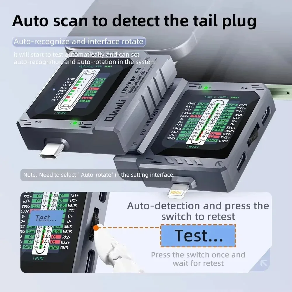 QIANLI iBridge A3 staartstekkerdetector voor onderhoud van mobiele telefoons Ondersteuning Lightning en Type-C stroomspanningsdetectietool