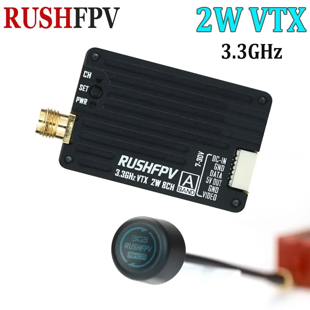 RUSHFPV 3.3GHz 2W VTX with SMA Circular Polarized Antenna Supports IRC Tramp Protocol for RC FPV Long Range Drone