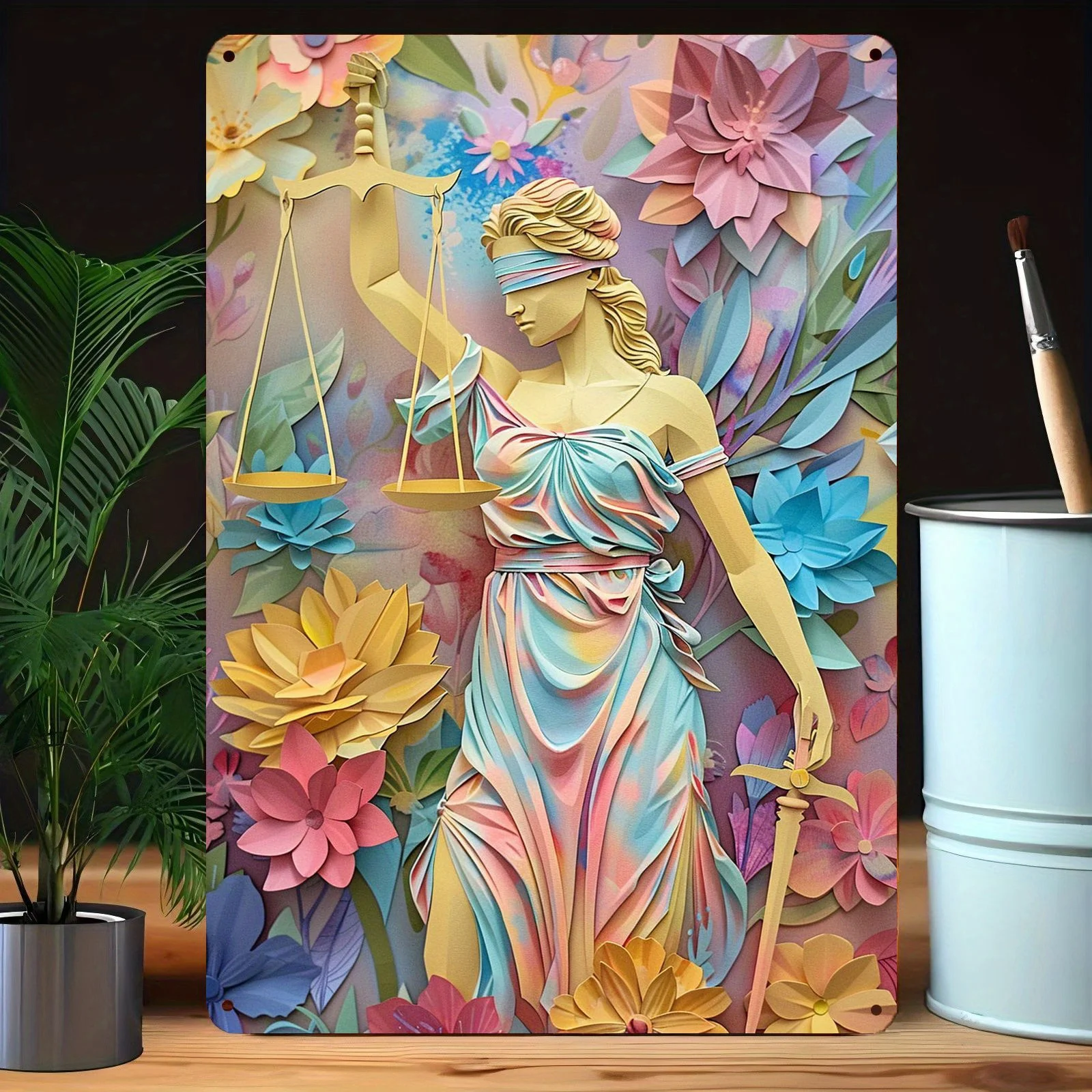 Art mural en aluminium « Déesse de la Justice », Dame décorative attachée les yeux en bandes avec balance, fond floral, orientation portrait, plat 2D