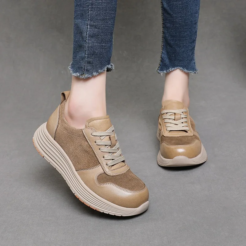 First Layer Cowhide Single Shoes Women's New Comfortable Rocking Sports Platform Casual Sneaker Breathable Lace-up Good Quality
